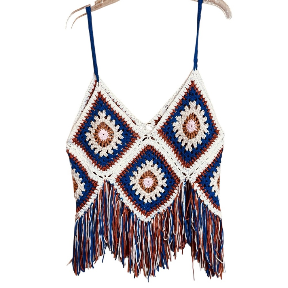 Crochet Hippie Boho Ethnic Fringe Swim Cover Tank Top Entro sz S/M